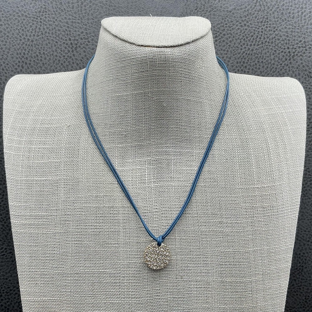 Lia Sophia Necklace Blue Faux Leather Crystal‎ Disc Pendant Choker 16 In Womens
